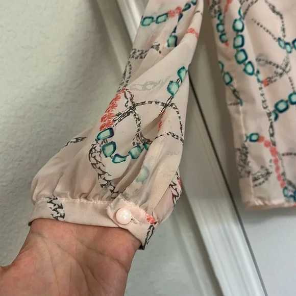 Elegant Women's Sheer Blouse - Cream with Multicolor Accents - Picture 2 of 7